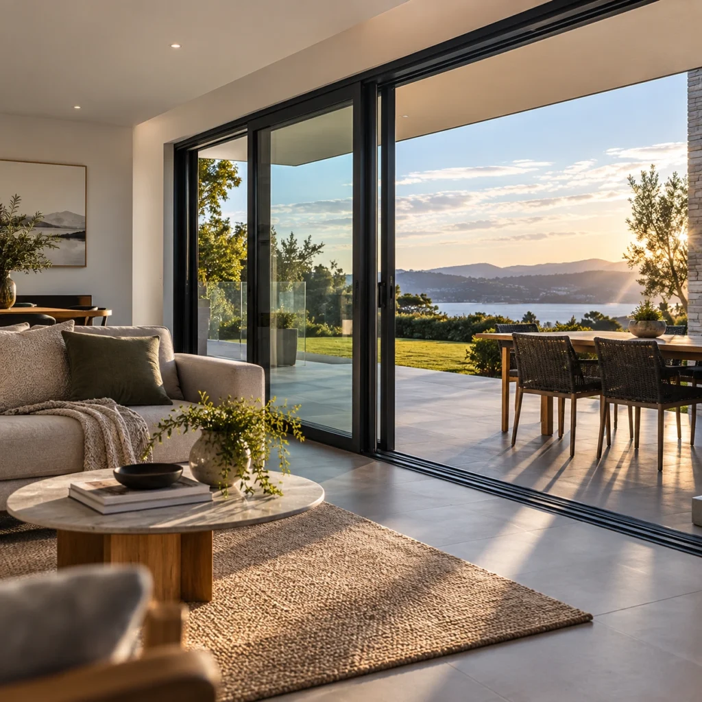 Large black aluminium-framed sliding glass doors opening from a modern living room onto a patio with coastal views
